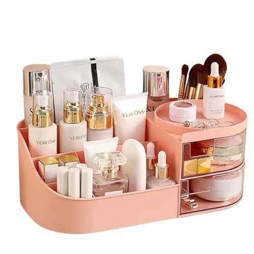 Image of ZUKU MakeUp Organizer Stand Desk Storage Dressing Table Organiser Cosmetic Organizer Box Skin Care Table Bathroom Organiser Makeup Storage Box Makeup Vanity with Transparent Drawer(Pink)