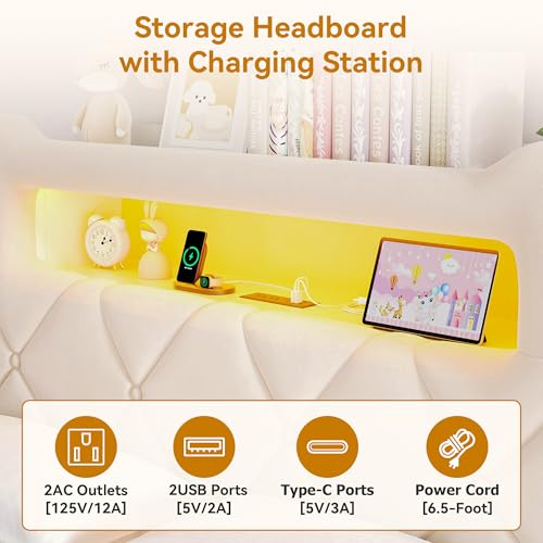Image of Queen Upholstered LED Bed Frame with 2 Storage Drawers and 2-Tier Storage Headboard,Velvet Princess Platform Bed with Charging Station&Bookcase,Heavy Duty Metal Support,No Box Spring Needed,Beige