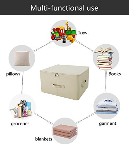 Image of Folding Wardrobe Clothing Storage Organizer Bins with Zip Lid, Beige, 2pcs | 45*35*25cm, Shelves storage baskets for clothes, beddings, blankets, duvets, pillows, 3-side Zipper & handles