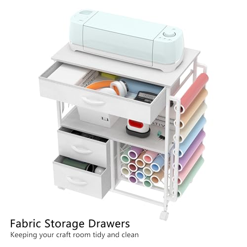 Image of VENNQD Storage cart Compatible with Cricut Machines Stand Cutting Machine Stand with Drawers and Vinyl Roll Holder Rolling Craft Cabinet Table for Cricut Craft Workstation for cart Craft Room (White)