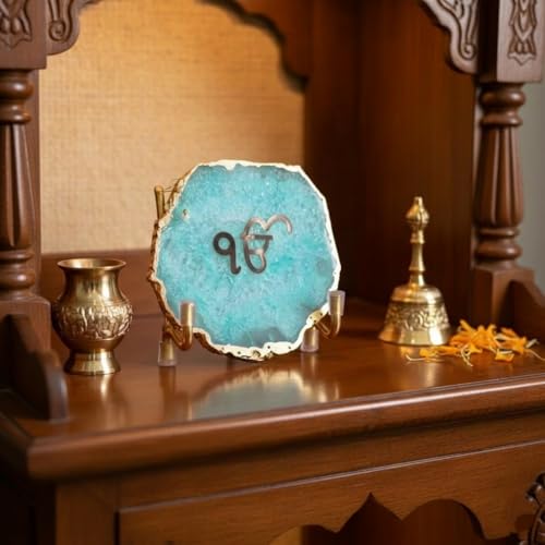 Image of Ik Onkar Metal Agate Holder | Turquoise Agate Stone | Spiritual Home Decor | Temple & Pooja Room Accent | Positive Energy Symbol | Corporate Gift Item