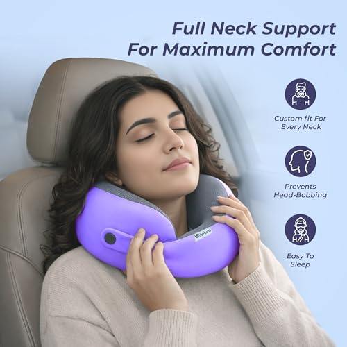 Image of Billebon Memory Foam Neck Pillow, Snake Shape Travel Pillow with Snap Button, Neck Pillow for Travelling & Flight Travel, Ergonomic Support for Comfort & Pain Relief(Lavender Single)