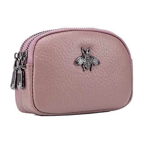 ZOONAI Genuine Leather Double Zipper Coin Purse Bee Change Pouch Credit Card Holder (Light Purple) Cover