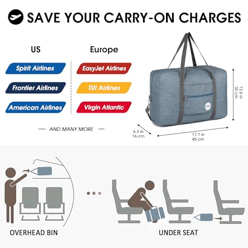 Image of Wandf Foldable Travel Duffel Bag Luggage Sports Gym Water Resistant Nylon (B-Light Blue) | 18x14x8 inches, Frontier Airline Underseat Fit, Weekend Overnight Trips, Lightweight Packable