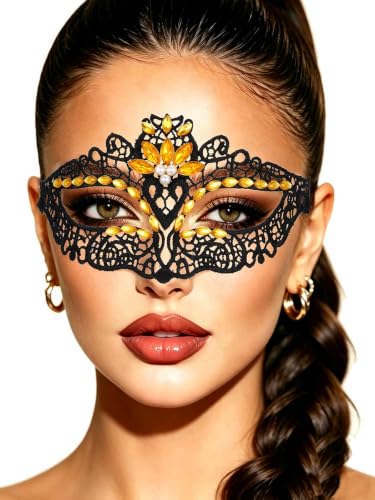 Tgirls Crystal Masquerade Mask Rhinestone Lace Mask Venetian Party Prom Ball Face Mask for Women (Yellow)