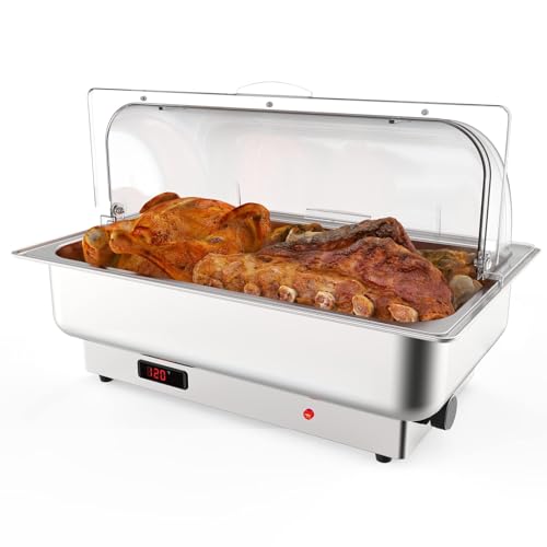 Stainless Steel Electric Chafing Dish Buffet Set 9 QT with Temperature Control, Roll Top Buffet Servers and Warmers with Transparent Lid for Catering
