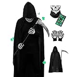 [GOKEI] 死神 コスプレ 4点セット ハロウィン 仮装 【マント マスク かま 手袋】 コスチューム 骸骨 お面 ホラー セット 変装用 衣装 死神コス 鎌 小道具 コスチュームセット お化け 屋敷 悪魔 魔女 クリスマス 文化祭 部活 パーティー用 女の子・男の子兼用