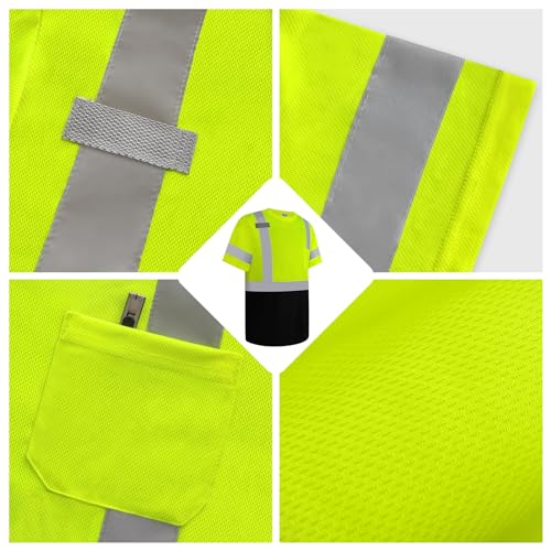 Uno Mejor Hi Vis Shirts for Men Construction Class 3 High Visibility Shirts for Men, Hi Vis Reflective Safety T-Shirts for Men Women, Short Sleeve Work Shirts with Black Bottom, Yellow XL, 3PCS
