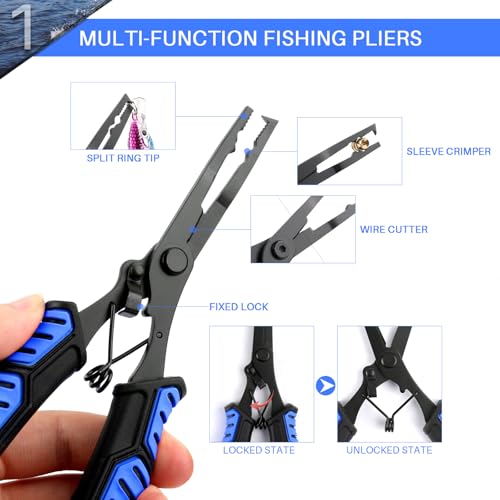 Image of mouhike Fishing Pliers Fish Lip Gripper Fishing Tool Kit for Men Women | Saltwater Multifunctional Fishing Line Cutter Hook Remover with Lanyard Sheath Fly Ice Pliers Fishing Gear Fishermen Gift