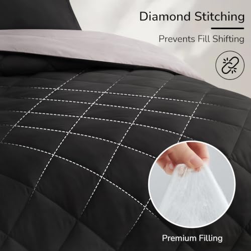 Image of downluxe 5 Pieces Twin Comforter Set with Sheets, Reversible Bed in a Bag for All Seasons with Comforter, Flat Sheet, Fitted Sheet, Pillowcase and Pillow Sham, Black /Grey