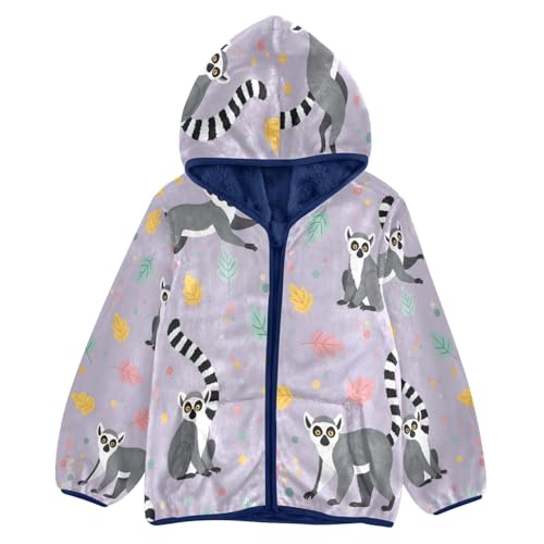 Lemurs Among Leaves and Dots Toddler Fleece Jacket Girl Boys Hooded Fleece Jacket Coat Warm Outwear Zip-up 3-10T