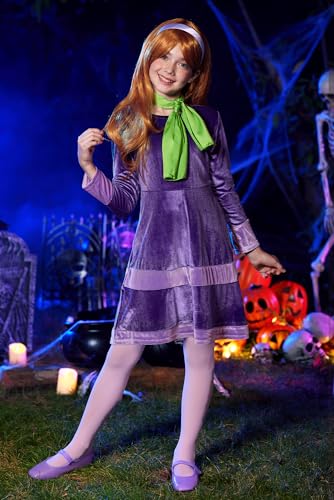 BesserBay Halloween Girls 6Pcs Purple Velvet A-Line Dress with Wig Scarf Headband Tights Set 4-14 Years4