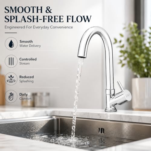 Image of ZAP Pluto Swan Neck Kitchen Tap | Premium Brass Body with Chrome Finish | Deck Mounted Faucet for Kitchen Sink & Wash Basin | Smooth Water Flow | Rust Resistant Long Neck Water Tap