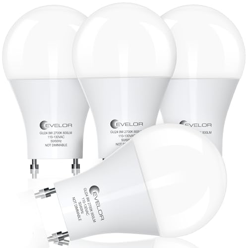 evelor GU24 LED Light Bulb 60 Watt Equivalent Soft White 2700K Non-Dimmable Efficient 9W 800 Lumens Twist and Lock 2 Prong Light Bulbs 15000 Hours Ideal for Kitchen Living Room Bedroom 4-Pack