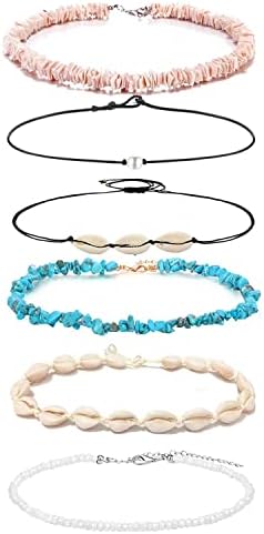 SHIWE 6PCS Bohemian Puka shell Choker Necklaces for Women Girls Handmade Hawaii Beads Pearls Cowrie Shells Choker Necklace Beach Jewelry Set