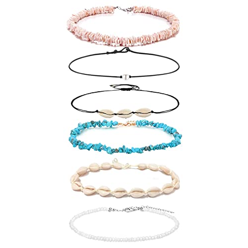 Shiwe 6Pcs Bohemian Puka Shell Choker Necklaces For Women Girls Handmade Hawaii Beads Pearls Cowrie Shells Choker Necklace Beach Jewelry Set #TOP2