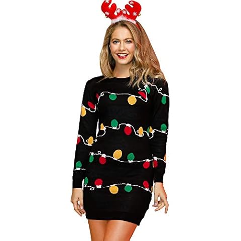 Spadehill Womens Christmas Ugly Sweater Dress Knitted Elf Long Sleeve Bodycon Holiday Dress Xmas Light S Cover