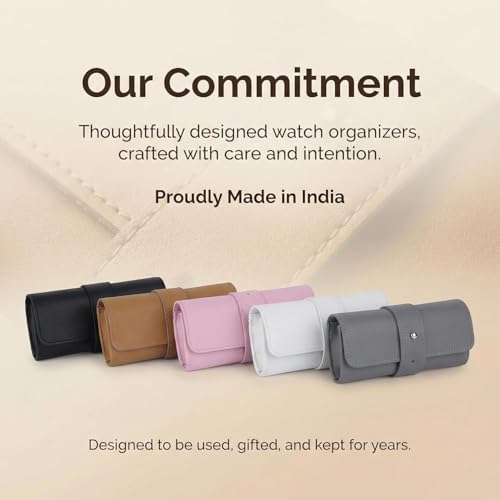 Image of Folk Creations Watch Roll for 4 Watches | Vegan Leather Travel Case for Men | Velvet Cushion Organizer | Gift for Collectors | Scratch-Proof Watch Storage Box, Grey