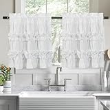 HIG 2 Pack White Ruffle Kitchen Curtains – Handcrafted Bow Tie Blackout Tier Curtains for Kitchen, Cabinet, Basement, Camper, Farmhouse Decorative Privacy Cafe Window Treatment, 30'x24'