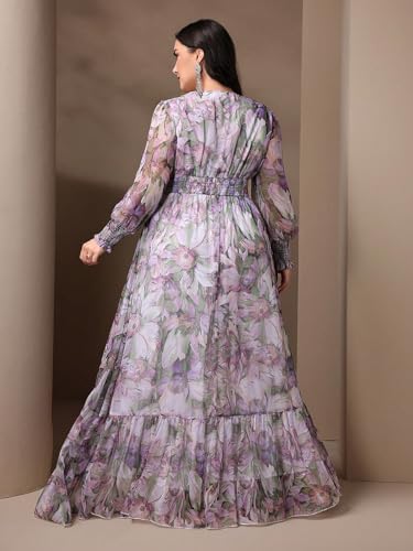 Image of Spring Summer 2024 Plus Size Womens Dresses V Neck Casual Elegant Long Sleeve Floral Print Maxi Dress