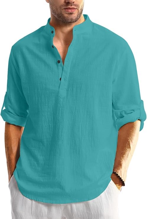 Image of Men's Full Sleeve Beige Color Cotton Blend Mandarin Slim Fit Shirt Style Kurta for Men and Boys