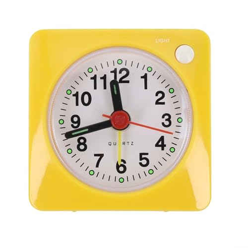 Pumixiy Sveglia da viaggio al quarzo, silenziosa, senza ticchettio, quadrata, mini orologio da comodino con snooze e retroilluminazione, per studenti e bambini, orologi analogici da tavolo (giallo)