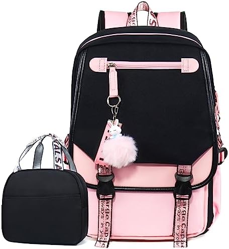 Bevalsa School Backpack for Girls, Girls Backpack with Lunch Box, Bookbag for Girls Kids Elementary Middle High School College Student 21L Casual Daypack Children Schoolbag with USB Charging Port (Pink)