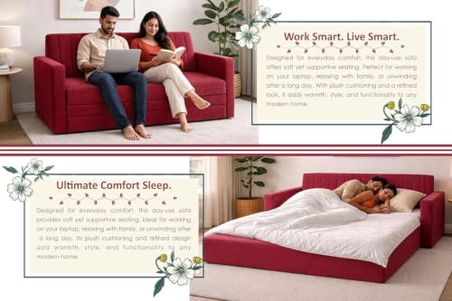 Image of Sofa-Cum-Bed | 3-Seater Foladable Sofa Couch with Armrest | Modern Fabric Sofa for Living Room, Bedroom & Office-Red-Color