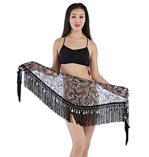 Women's Belly Dance Hip Scarf Tassels Fringed Sequins Scarf Performance Outfits Skirt Festival Clothing (Silver Coin, Black)