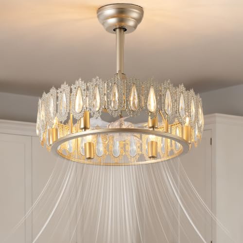 Image of 20 inch Gold Crystal Fandelier Ceiling Fan with Light Caged Mid Century | Crystal Chandelier Ceiling Fans with Remote 6 Speed for Living Room Bedroom Dining Room E12*6