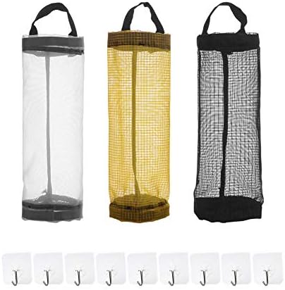 Angla 3 Pack Grocery Bag Holder Mesh Shopping Plastic Bag Holder Dispensers Saver Wall Mounted Hanging Organizer for Kitchen Garbage Trash Containers Storage Recycling Grocery Pocket