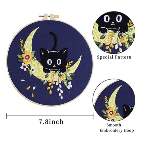 Image of EOBTAIN 3 Pcs Black Cat Embroidery Kit for Beginners, Animal with Floral Embroidery Kits for Adults,Flower Embroidery Starter Kit with Pattern,Hoop,Thread,Needles,Hand DIY Craft Kits for Adults