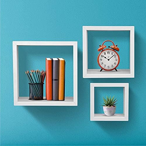 Floating Box Shelves Square Cube Wall Decor Hanging Shelves Decoration Shelf for Living Room, Bedroom, Trophy Display, Photo Frame (White)