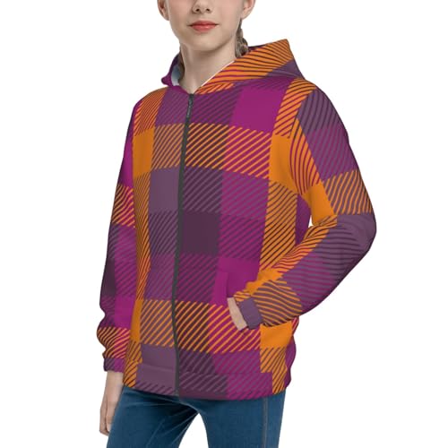 Purple Yellow Buffalo Plaid Kid Hoodies Boys Zip Up Sweatshirts Girls Pullover with Pocket