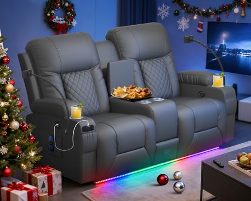 DG PEAFOWL Loveseat Recliner Sofa, Home Theater Seating with Center Console, Reclining Loveseat RV Couch with USB Ports & Phone Holders, Wall Hugger RV Sofa Furniture with Storage & Pocket