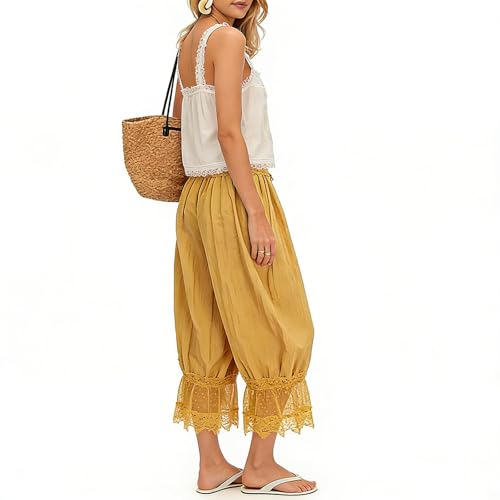 Image of KOSUSANILL Women Long Bloomer Pants Lace Trim Ruffle Pantaloons Cropped Lounge Pajama Bottoms Y2K Capri Pettipants