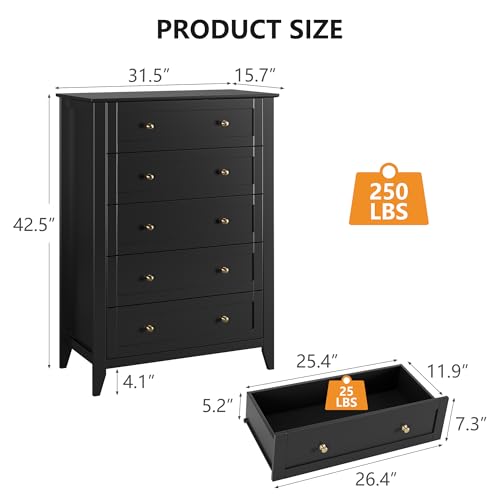 GarveeHome Black 5 Chest of Drawer Dresser, Modern Tall Nightstand with Deep Drawers and Nickel Round Handle, Wood Organizer Storage Cabinet for Bedroom, Living Room, Hallway