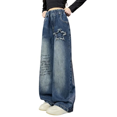 Tween Girls Baggy Jeans Letter Printed and Star Embroidered, Wide Leg Elastic Waist Denim Pants with Back Pockets3