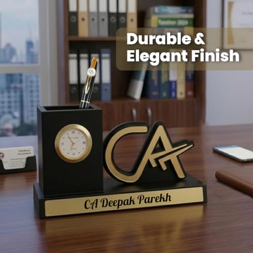 Image of Giftana 2 in 1 Personalized CA Desk Organizer with Pen Gift Set for Men and Women, Customized Pen Stand with Analog Clock, Customised Corporate Gift Set for Employee