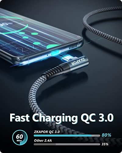 ZKAPOR USB C Charger Cable Right Angle 30CM, Type C Charger Cable Fast Charging Nylon USB C Cable Fast Charging Compatible iPhone 15/15 Pro Max, Samsung Galaxy S23, Note 10, Huawei P40, Google Pixel
