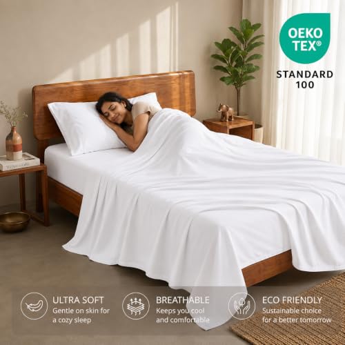 Image of LANE LINEN 100% Organic Cotton Bedsheet for Single Bed - White | GOTS Certified, Percale Weave, 60x90 inches, Soft & Breathable, Machine Washable, Includes 1 Pillow Cover