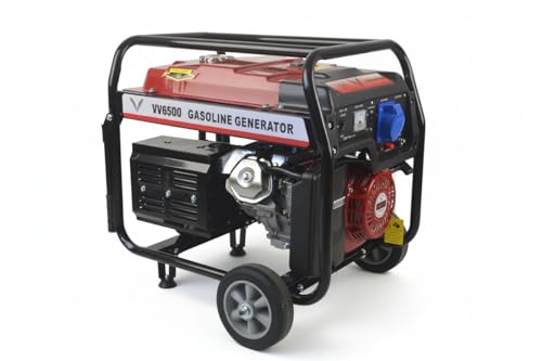 Image of Petrol Generator, 5kW Power Output, 25L Fuel Tank, Heavy Duty Steel Construction with Wheels, Red and Black, Petrol Powered, VV6500 (5.0, Kilowatts)