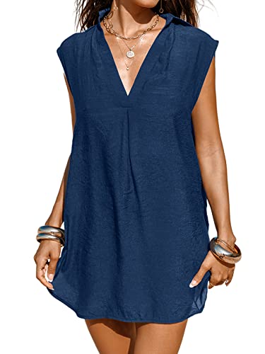 CUPSHE Women Basic Collar Cover-Up Dress V Neck Shirts Casual Summer Sleeveless Solid Cover Up Tops