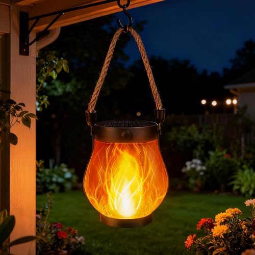 Farolillos solares para exteriores, lámparas solares para exteriores, jardín, colgantes, impermeables, para exteriores, farolillos solares con efectos de llama, antorchas solares para exteriores