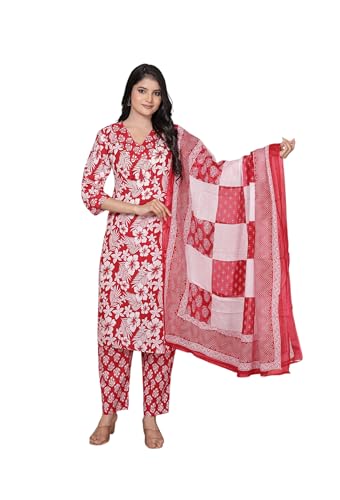 Women's Cotton Floral Printed Straight Traditional Kurta with Pant & Dupatta (US, Alpha, X-Large, Regular, Regular, Red)