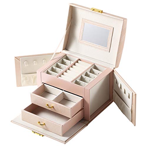 Casegrace Jewelry Box 3 Layer Organizer PU Leather Jewelries Organizer Case Boxes with Lock and Mirror Jewelry Storage Box