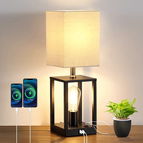 Bedroom Nightstand Lamp With 2 Bulbs Design, Table Lamp For Living Room With Dual Usb Ports, 1 Ac Outlet, Beige Fabric Shade, Bedside Table Lamp For Bedroom Farmhouse Reading Office, Bulbs Included #TOP5
