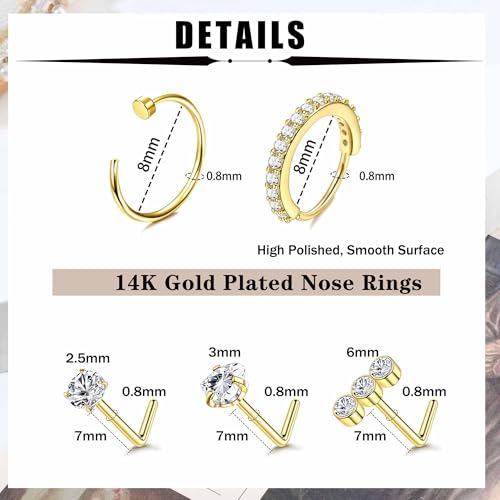 14K Gold Filled Nose Ring Studs 20G Nose Rings Hoops Stud 316L Stainless Steel Nose Rings Round CZ Heart L Shaped Nose Stud Hypoallergenic Nostril Piercing Jewelry for Women Men 10Pcs - Image 4