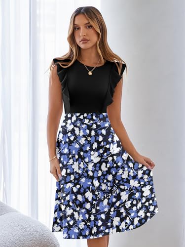 Image of YATHON Women's Vintage Ruffle Sleeve Floral A Line Cocktail Party Dresses