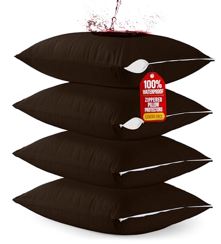 Utopia Bedding Premium 100% Waterproof Pillow Protectors with Zipper Standard Size (Set of 4), Bed Bug and Dust Mite Proof Zippered Pillow Covers, Pillow Encasement Cases, Brown